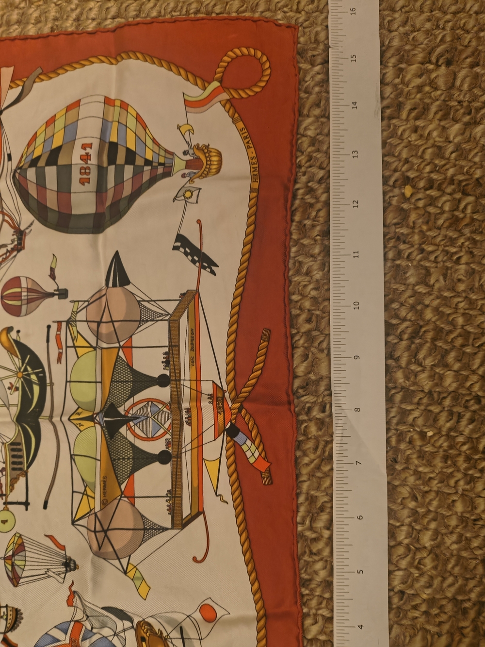 Hermes Multicolor Balloon and Nautical Print Silk Scarf with Red Border - Picture 9 of 9
